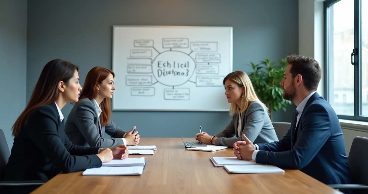 Equipe em reunião avaliando um dilema ético com anotações e expressões atentas
