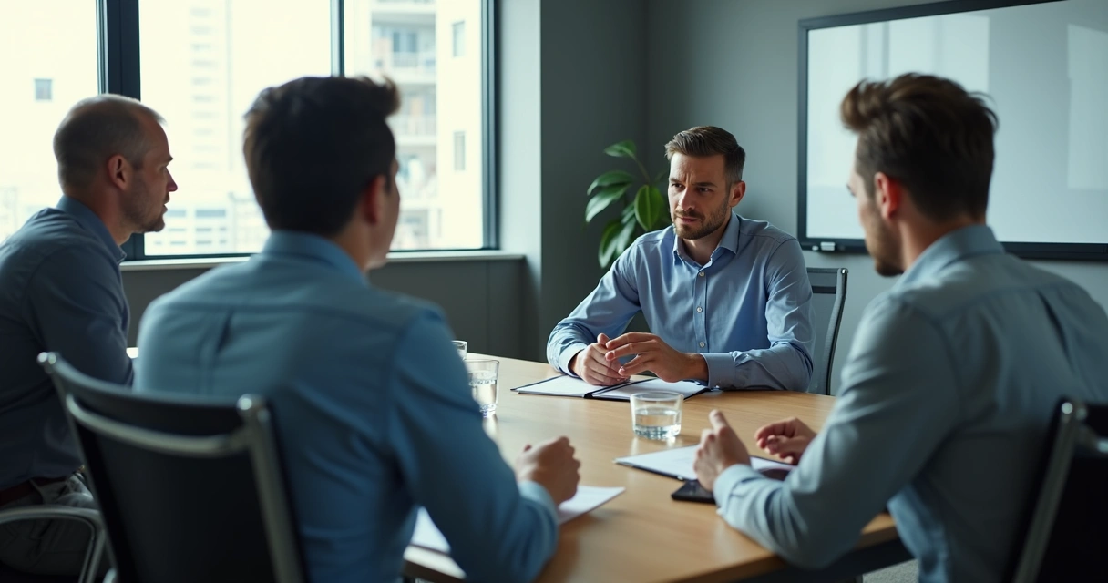 Líder em reunião tensa com equipe observando 