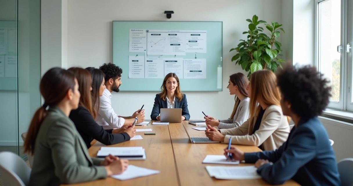 Equipe em reunião estratégica focada e colaborativa ao redor de uma mesa de trabalho 