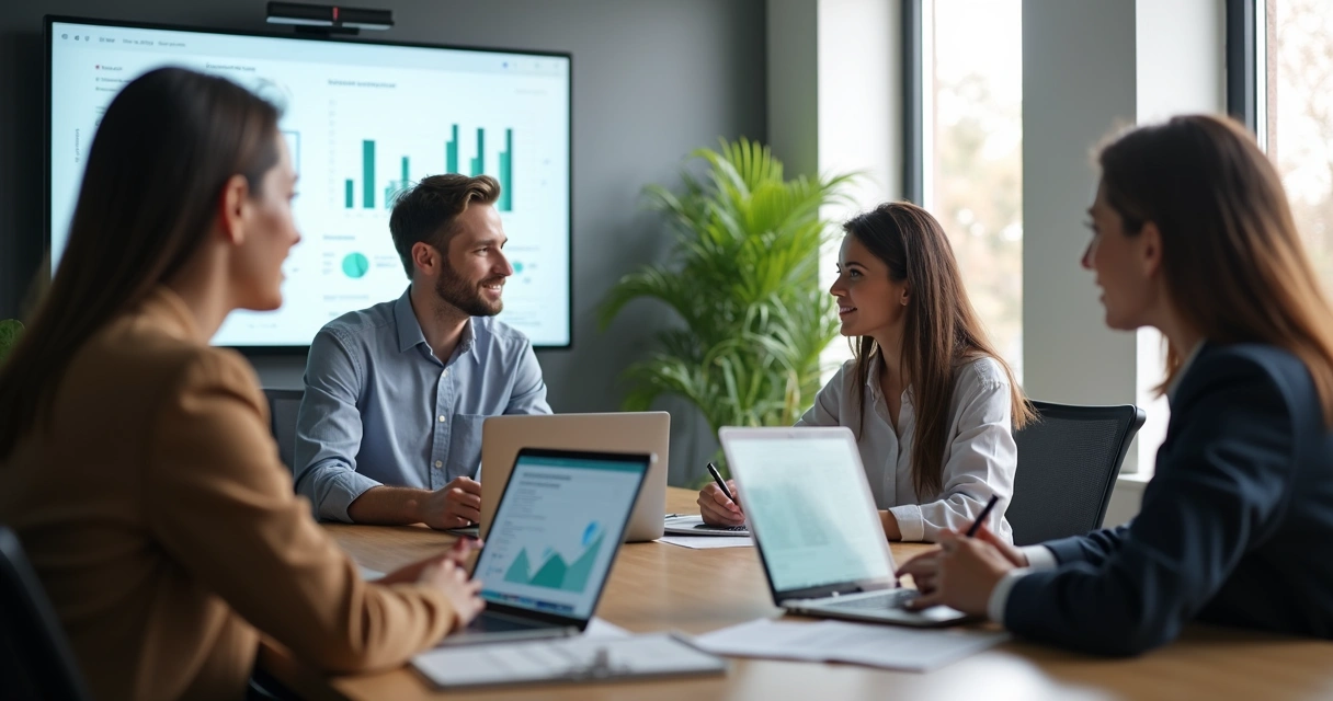 Equipe em reunião observando indicadores e interações