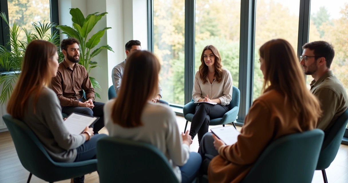 Equipe reunida em círculo em ambiente claro de trabalho