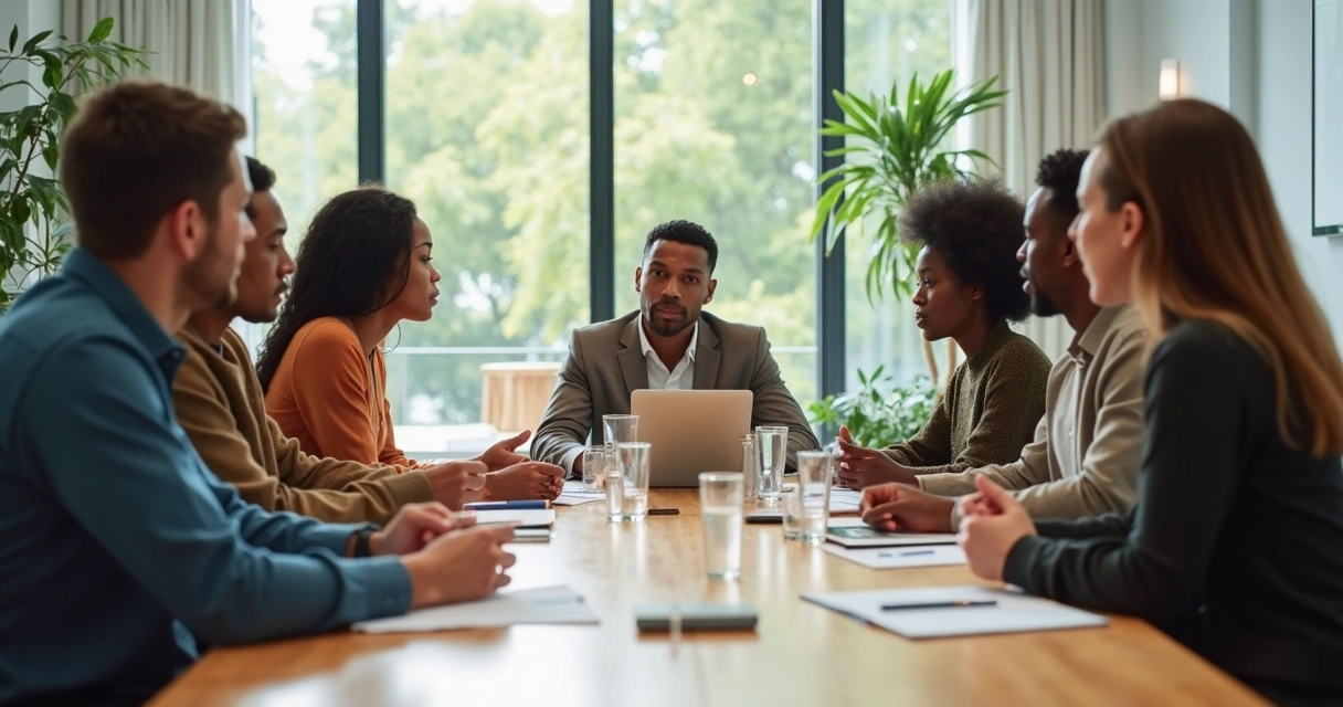 Equipe em reunião com clima calmo e foco em escuta no ambiente de trabalho 