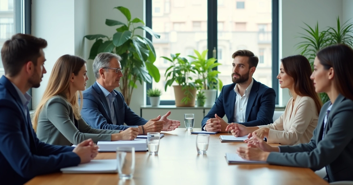 Equipe em reunião observando decisões com foco e escuta