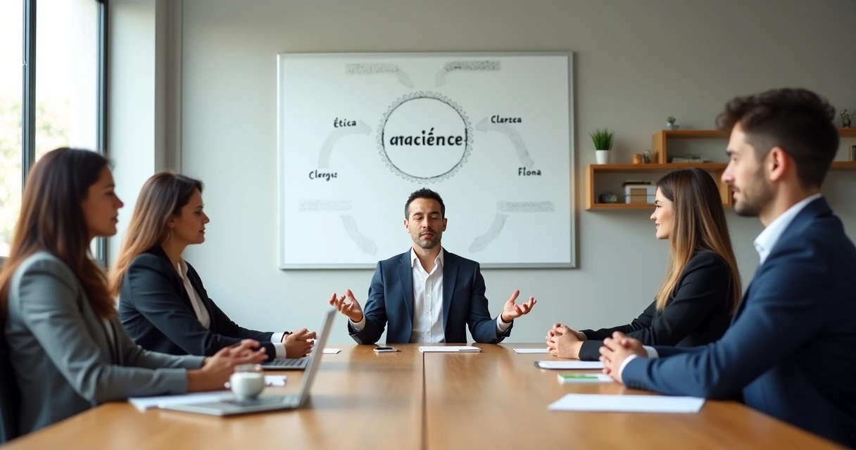 Equipe em reunião com líder em postura de meditação ao centro da mesa 