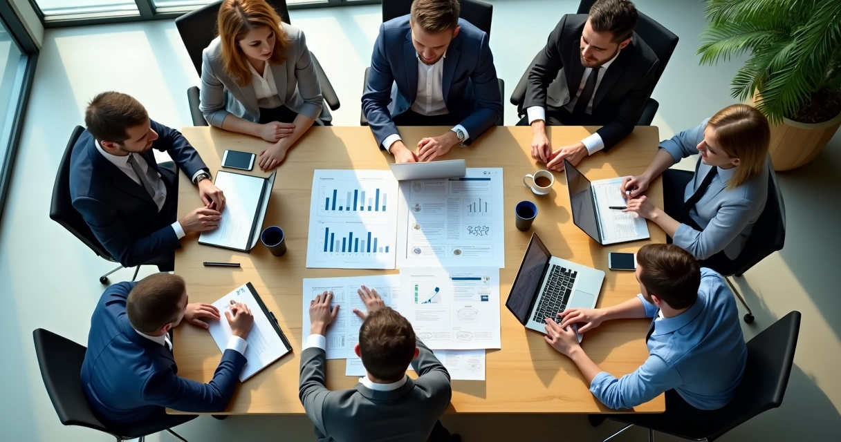 Executivos reunidos ao redor de uma mesa grande, analisando documentos e gráficos