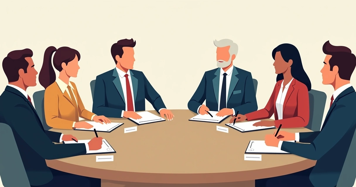 Membros de um conselho com diferentes idades em uma mesa redonda discutindo documentos 