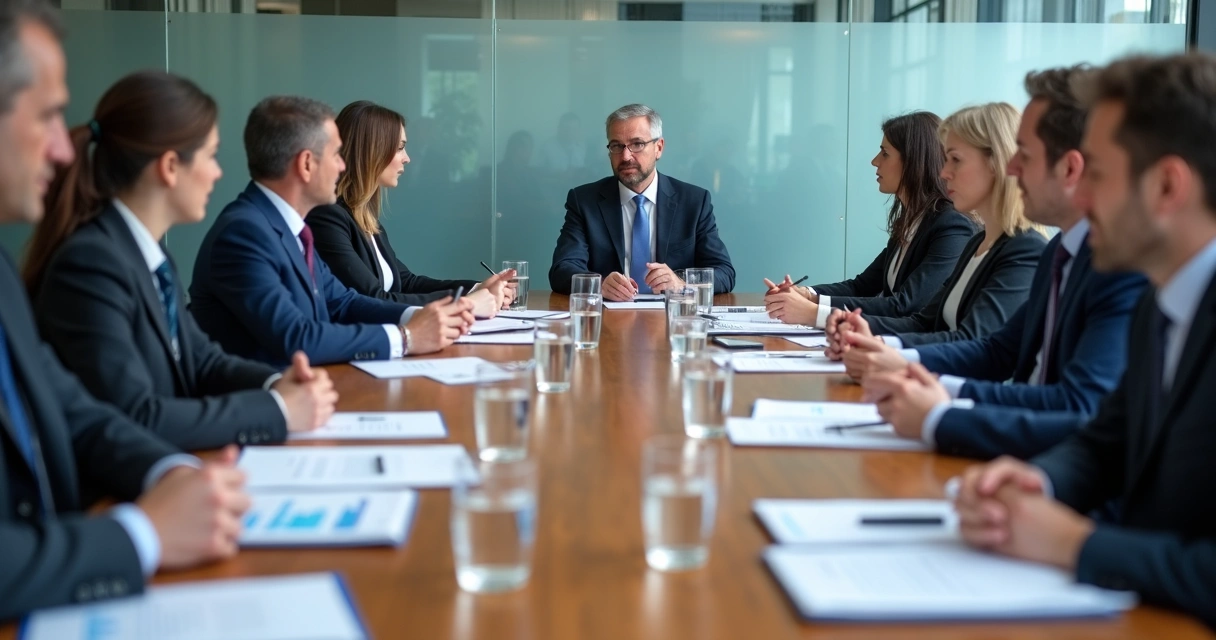 Conselho reunido em mesa corporativa com documentos e debate respeitoso