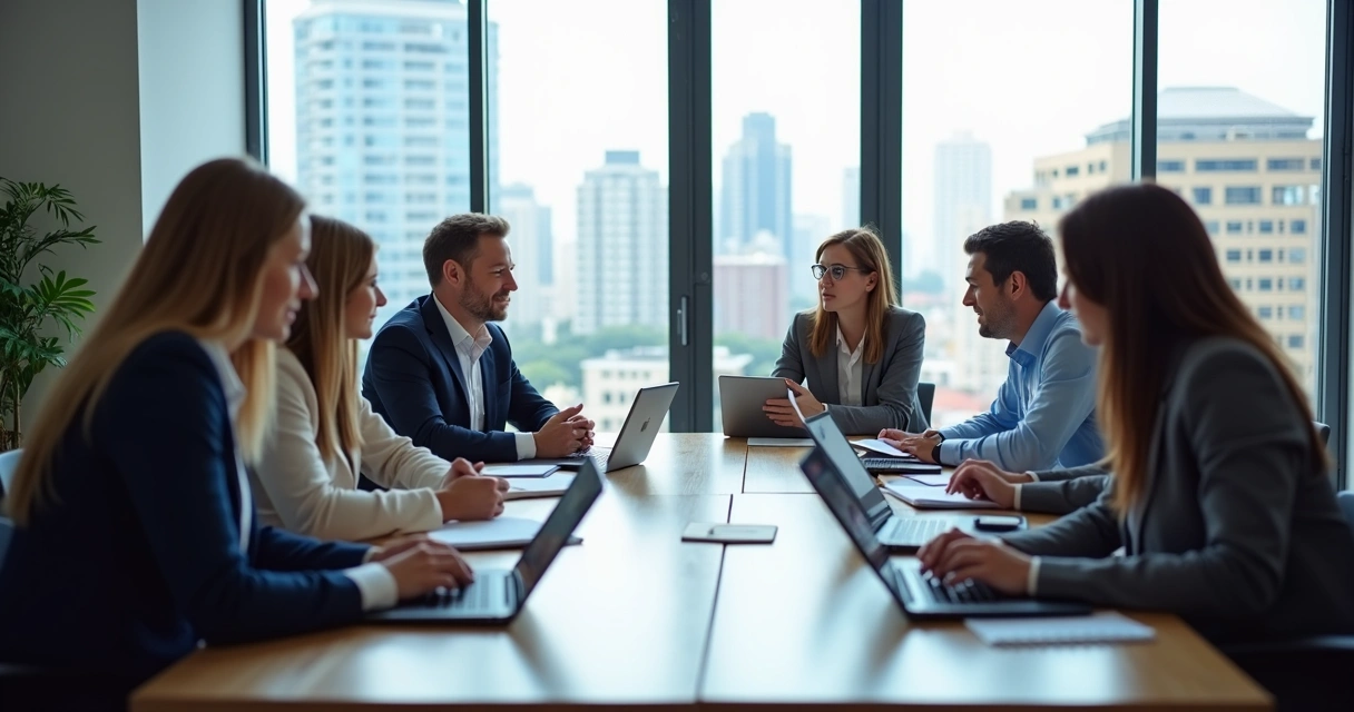 Membros de conselho executivo em reunião ao redor de uma mesa 