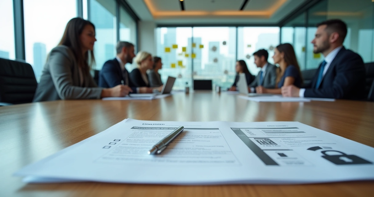 Conselho de administração reunido em mesa de reunião moderna com documentos e gráficos de governança. 