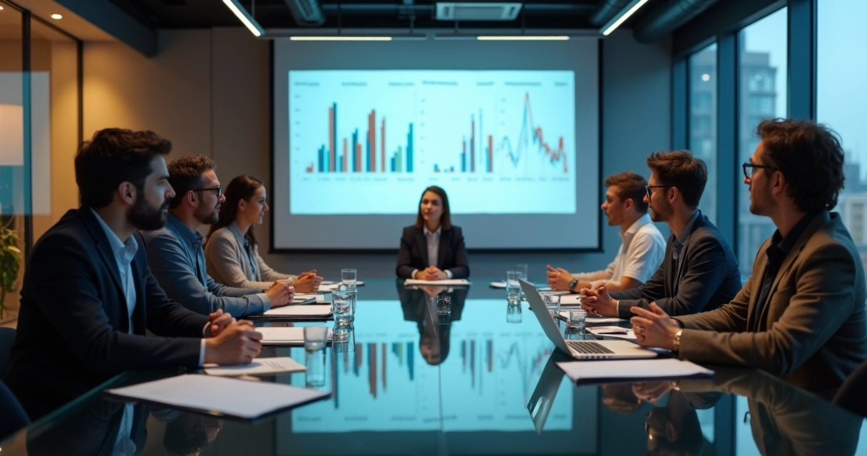 Sala de reunião de conselho com membros discutindo documentos e gráficos, ambiente moderno de startup
