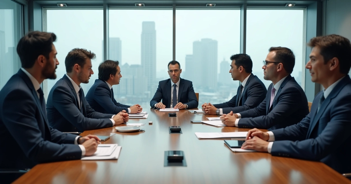 Mesa de conselho com clima tenso e membros em silêncio