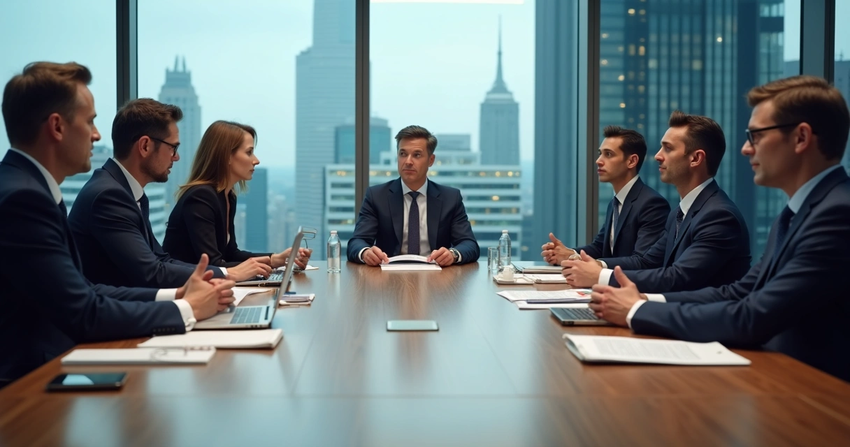 Conselheiros reunidos em mesa com expressão séria e gráficos ao fundo 