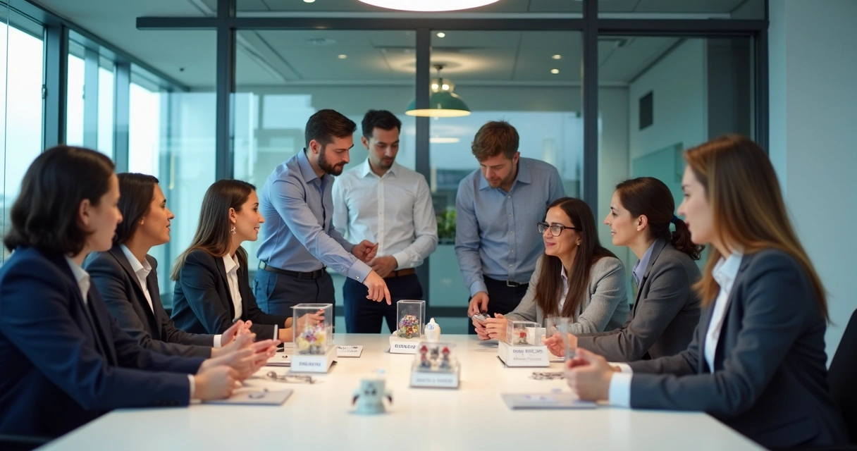 Discussão de equipe ao redor de uma mesa com papéis e objetos representando setores 