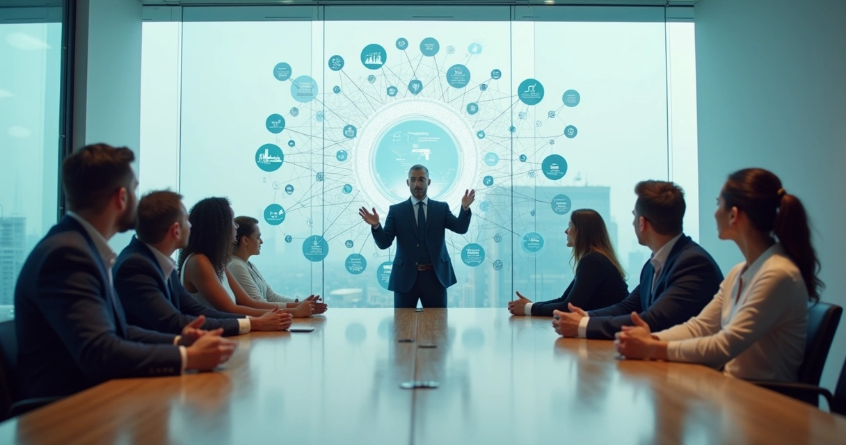 Equipe em reunião de negócios com diagrama de sistema interconectado ao fundo 
