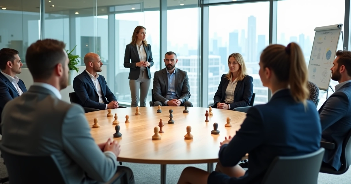 Equipe corporativa em círculo com facilitador guiando dinâmica sistêmica no escritório 