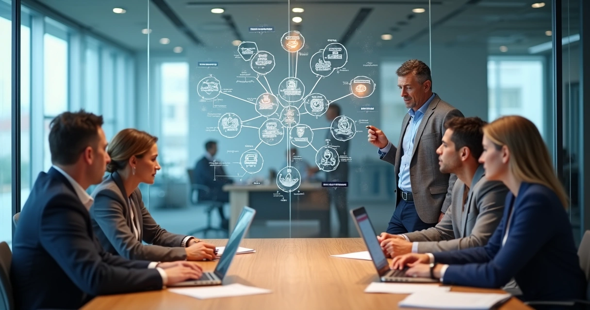 Equipe de executivos em reunião estratégica olhando um painel com fluxos e conexões sistêmicas 