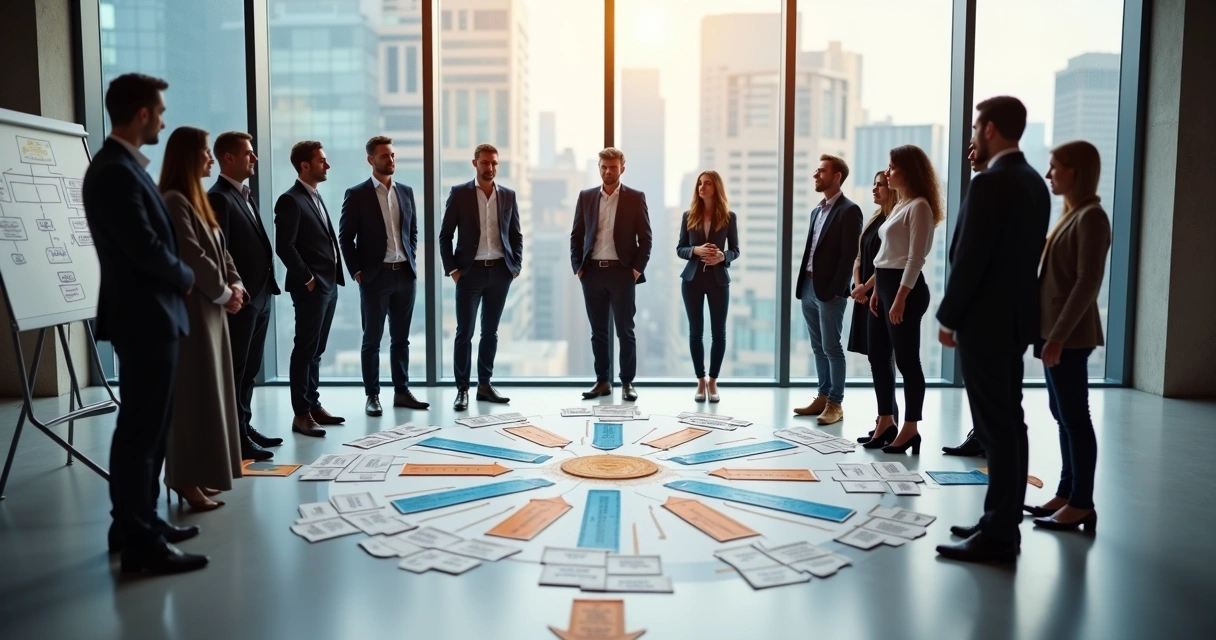 Facilitador conduzindo dinâmica sistêmica com líderes em sala de reunião moderna 