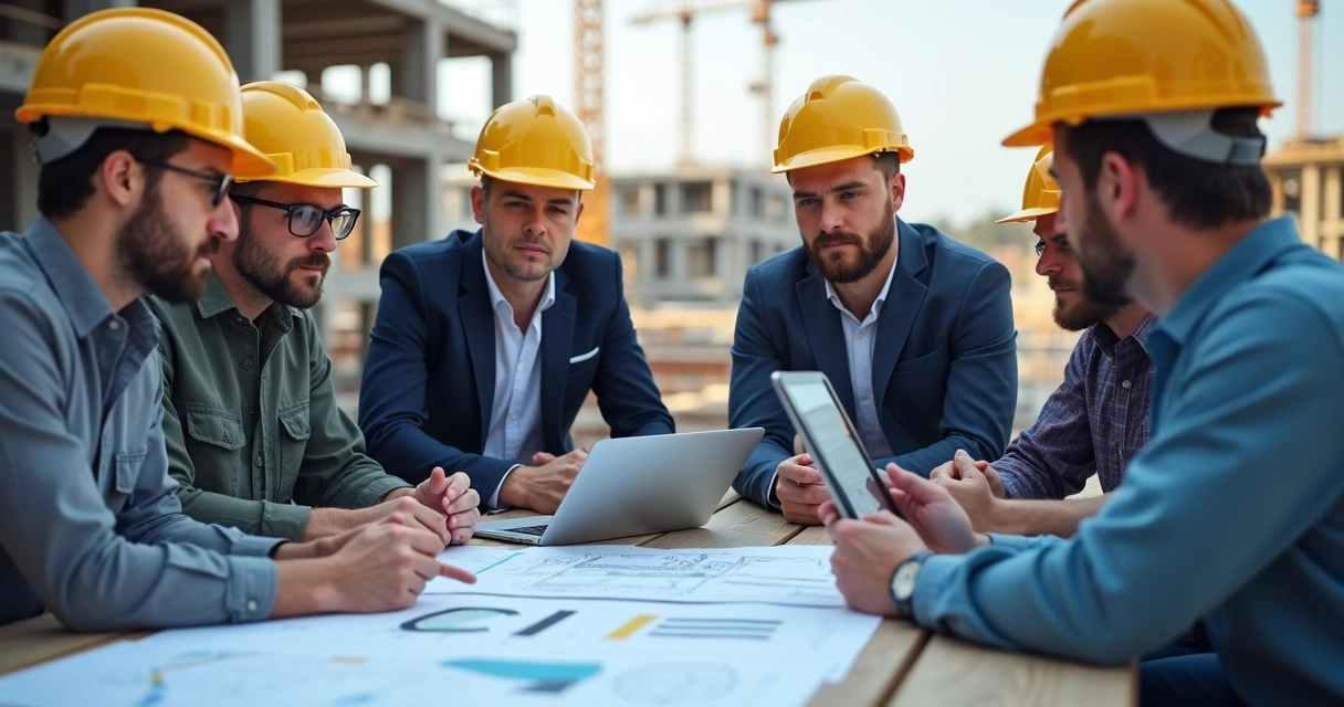 Equipe técnica de construção civil reunida debatendo plano em canteiro de obra 