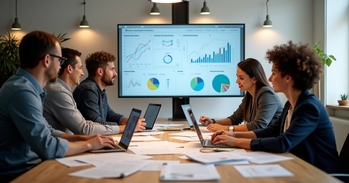 Profissionais reunidos ao redor de uma mesa analisando gráficos e dados sobre personas 