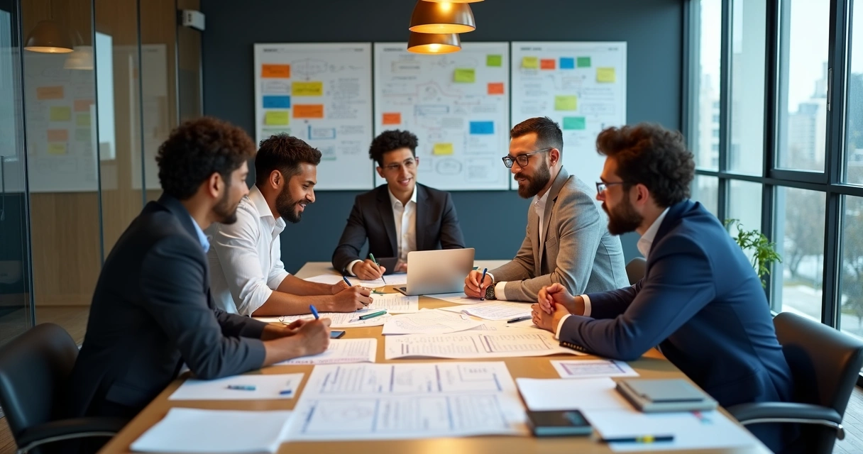 Equipe de contabilidade reunida criando personas em sala moderna com papéis e anotações sobre a mesa 