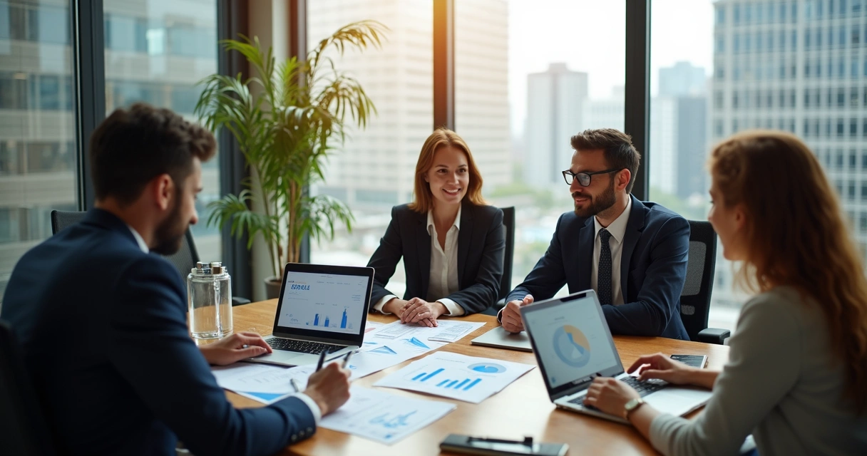Profissionais de BPO financeir conversando com empresário em reunião em escritório moderno 
