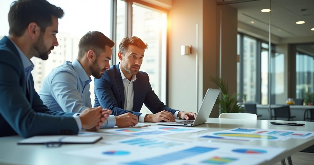 Profissionais em reunião com gráficos financeiros na mesa 