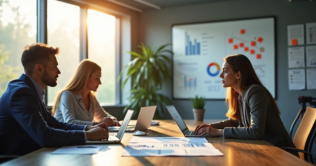 Profissionais de negócio conversando em sala de reunião moderna 