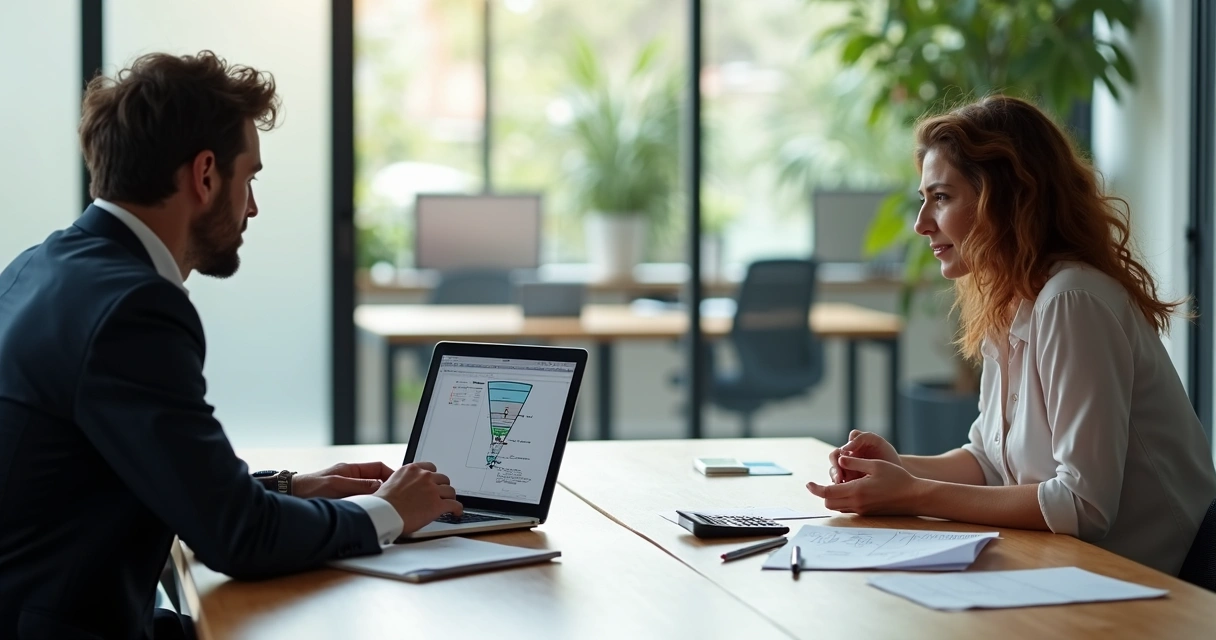 Reuniao de vendedor consultivo com empresaria de PME B2B em escritorio moderno 