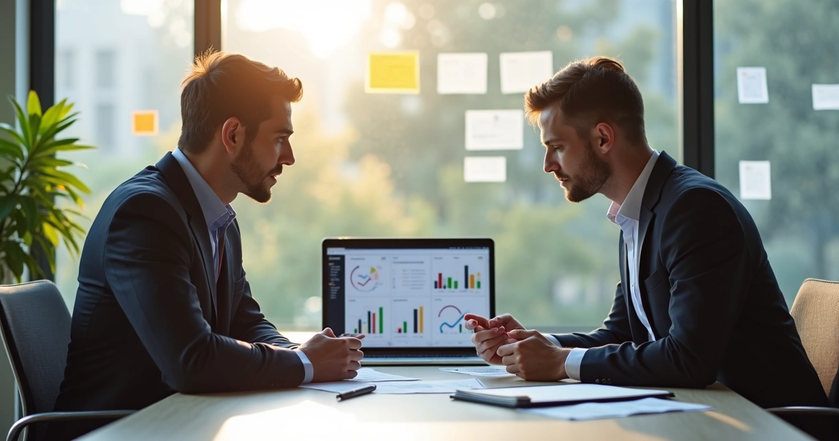 Reunião entre vendedor e cliente analisando dados e gráficos de vendas 