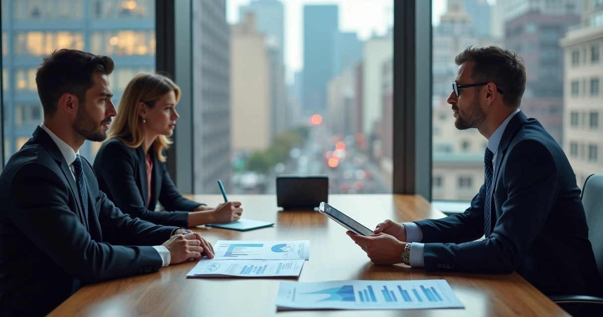 Consultor contábil apresentando relatório para clientes empresariais 