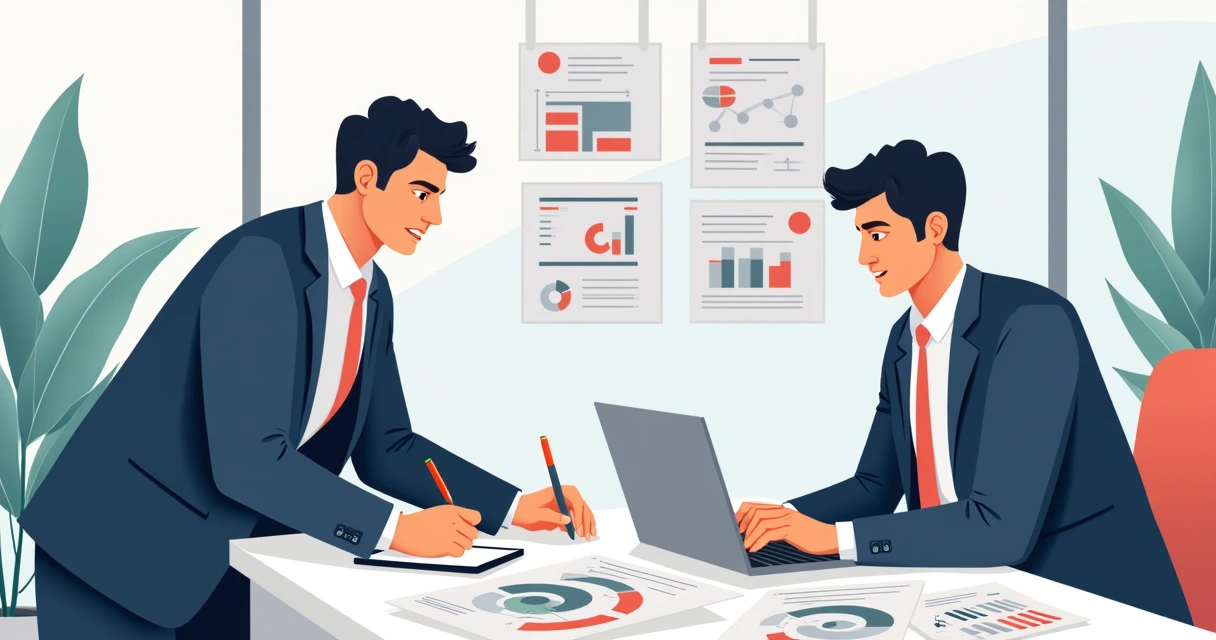 Consultor revisando pitch de startup junto ao fundador com laptop e anotações 