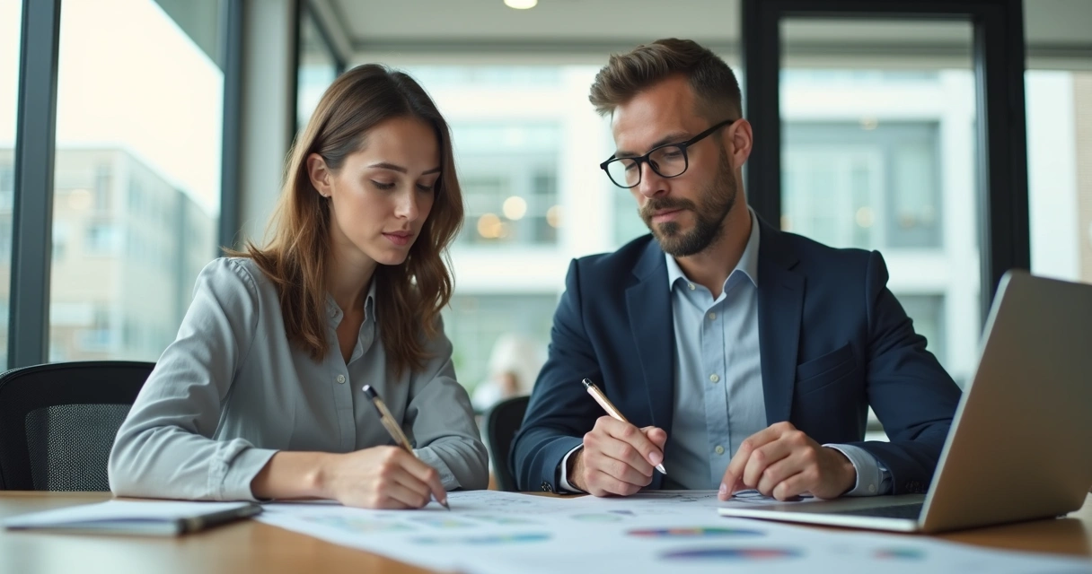 Reunião entre empresário e consultor analisando contratos e laptop 