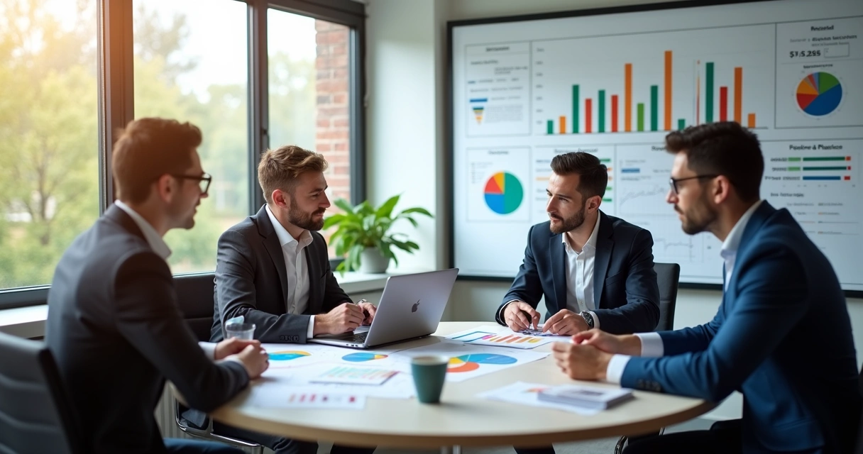 Equipe de consultores e empresa em reunião analisando gráficos financeiros 