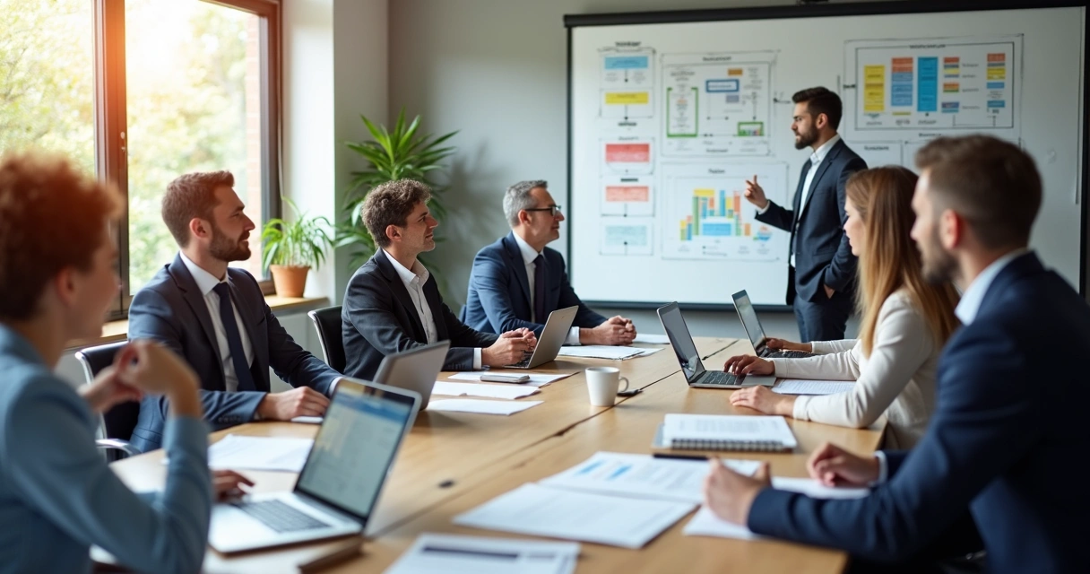 Consultores em reunião com gestores municipais e documentos na mesa.