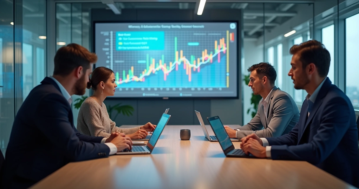 Consultores apresentando relatórios financeiros a fundadores de startup em reunião. 