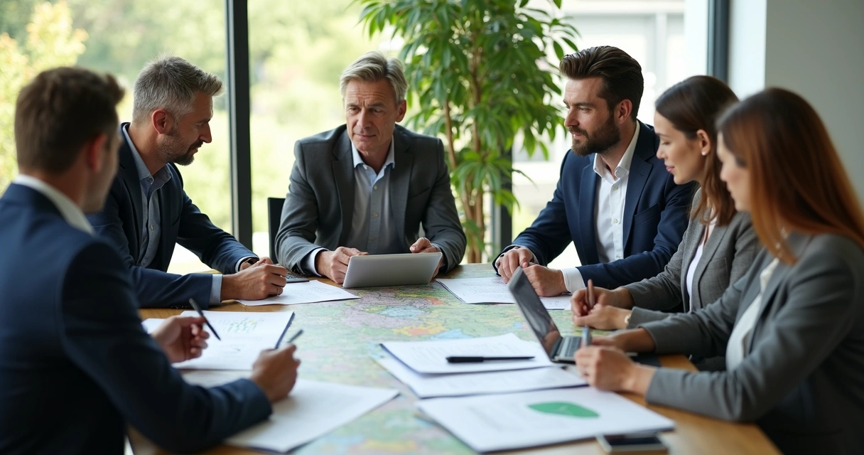 Equipe analisando mapas e dados rurais em mesa de reunião 
