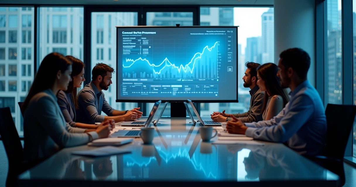 Profissionais reunidos analisando fluxo financeiro em reunião 