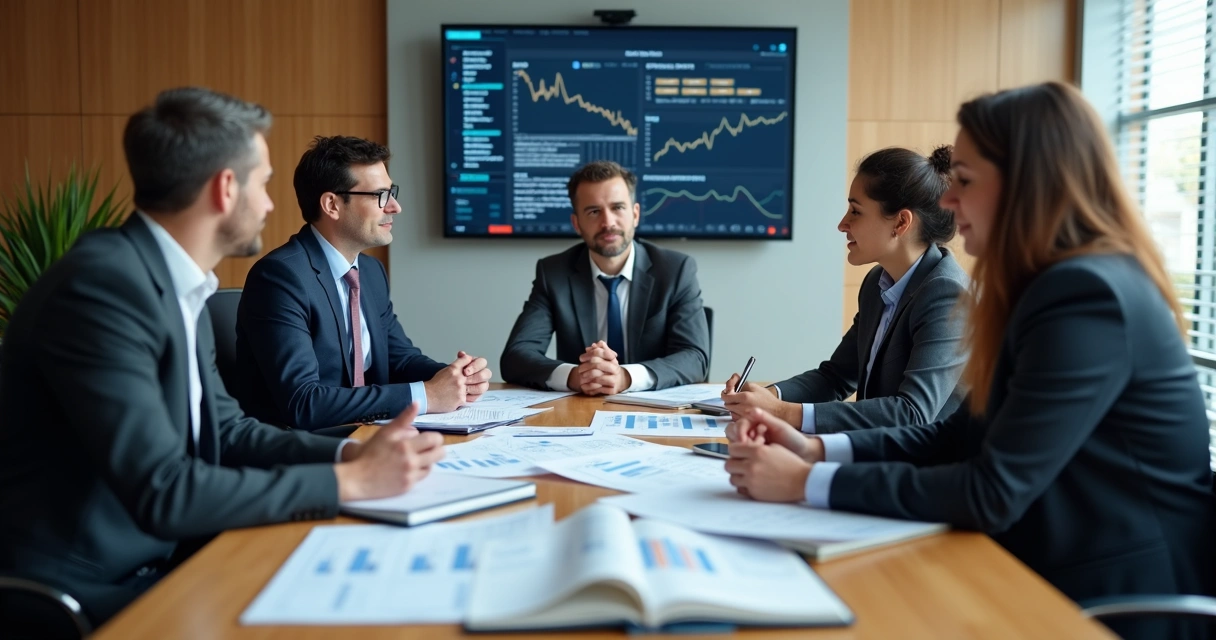Consultores e gestores revisando estratégias de vendas em mesa de reunião 