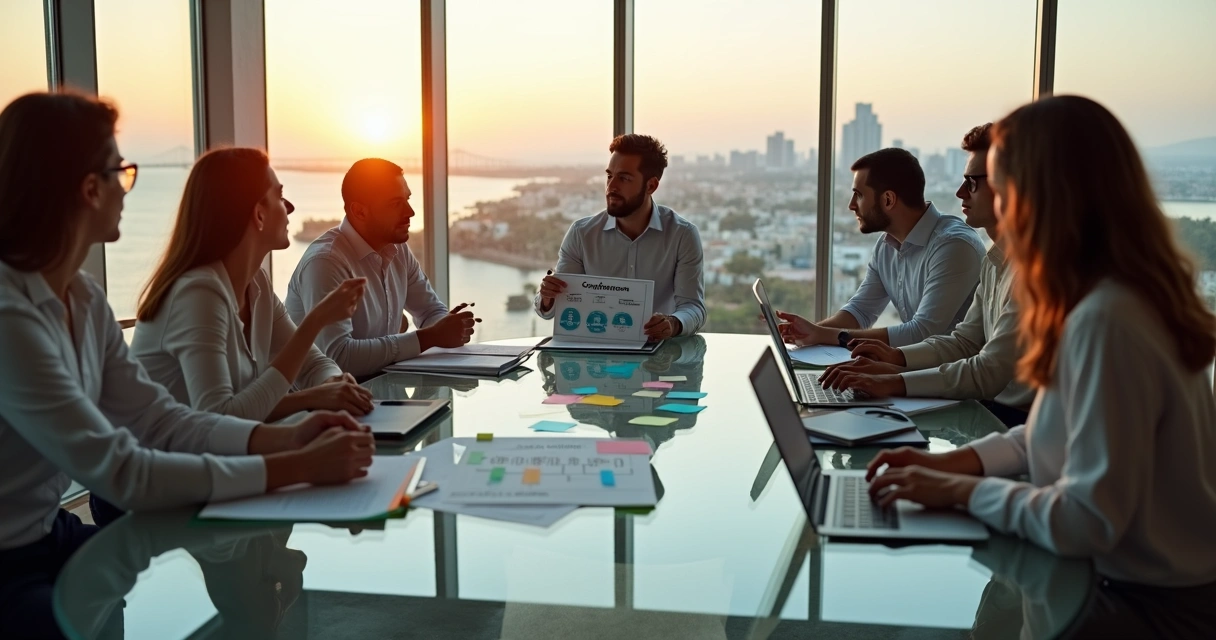Equipe em mesa redonda analisando documentos de compliance e ESG 