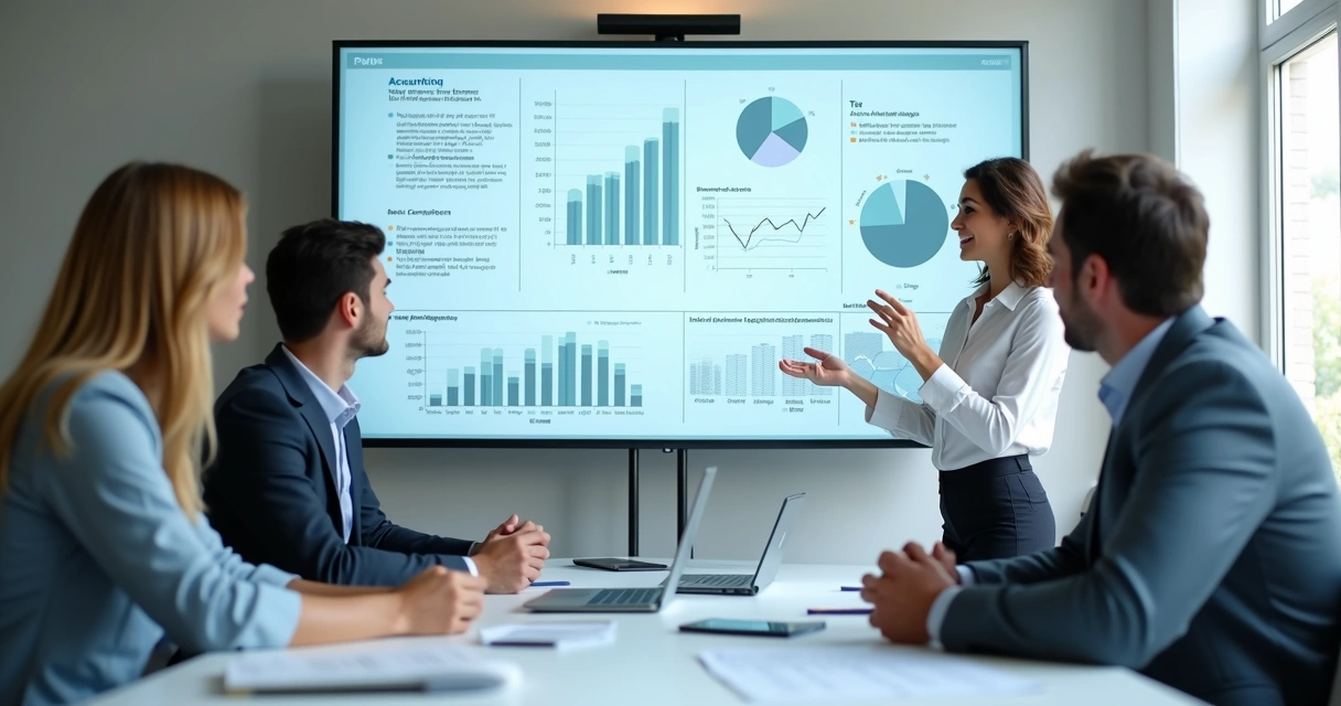 Reunião de consultoria contábil com gráficos em tela 