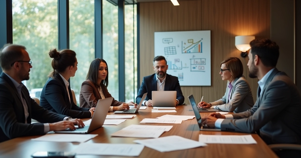Equipe reunida em reunião estratégica de consultoria digital 