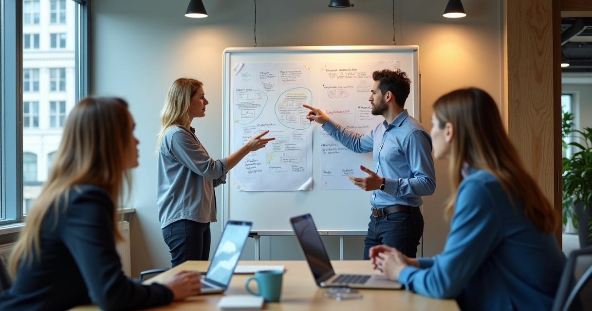 Reunião de consultoria empresarial em ambiente moderno com quadro branco e laptops 