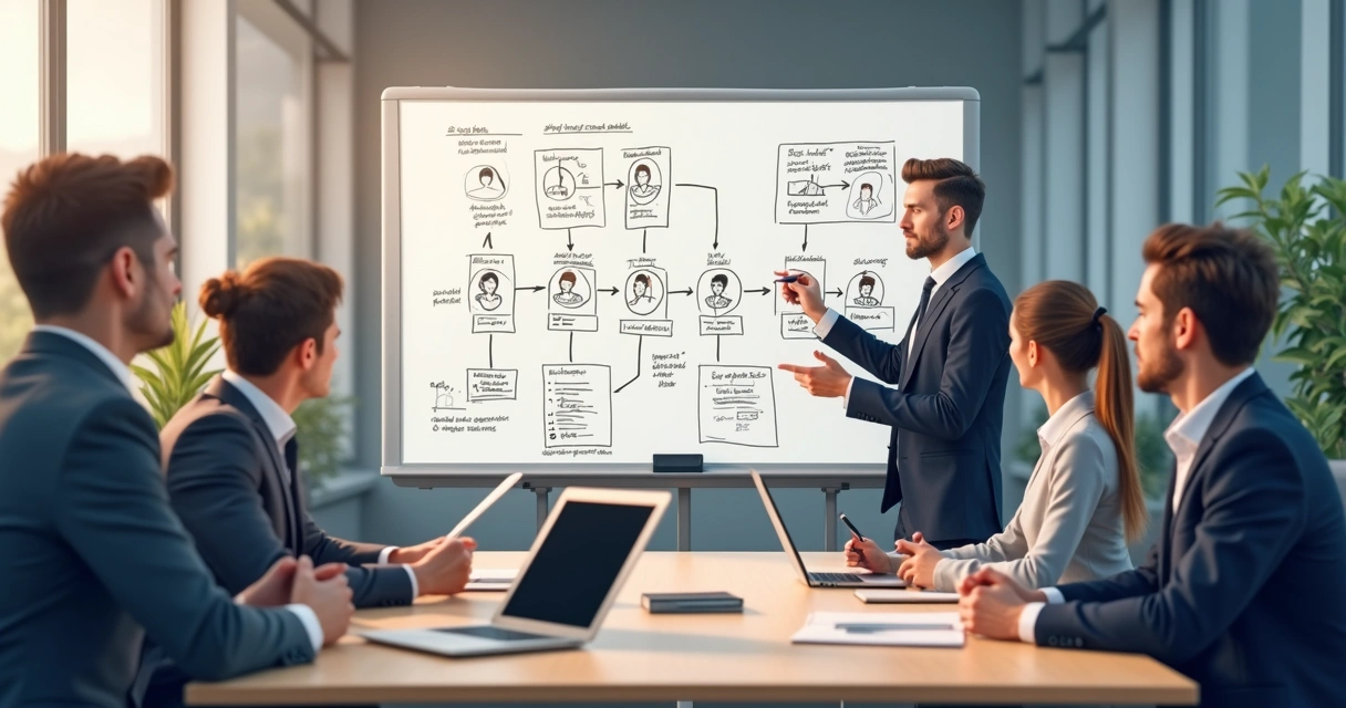 Reunião de consultores de RH discutindo banco de talentos e perfis de clientes 