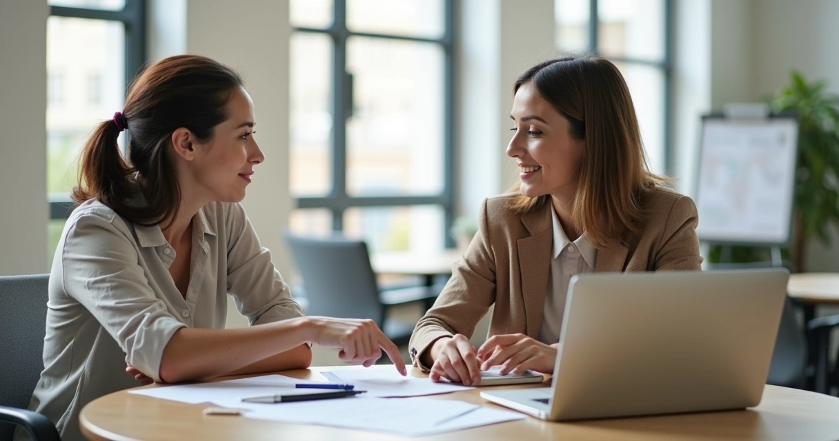 Duas mulheres discutindo projeto em uma reunião 