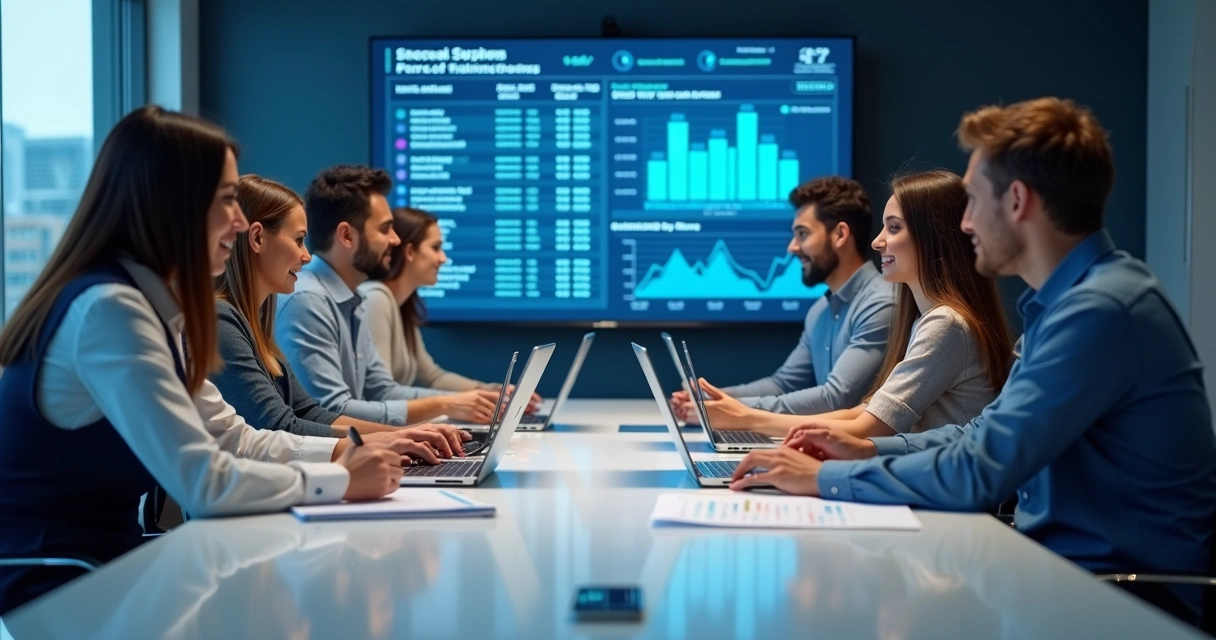 Equipe reunida analisando relatórios financeiros 
