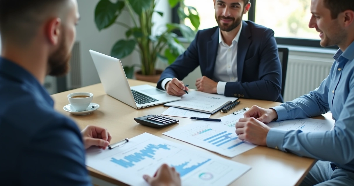 Reunião com relatórios financeiros e notebook aberto