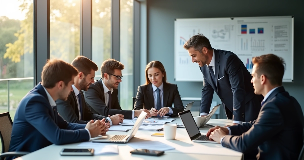 Equipe reunida discutindo planilhas financeiras em uma sala de reuniões moderna 