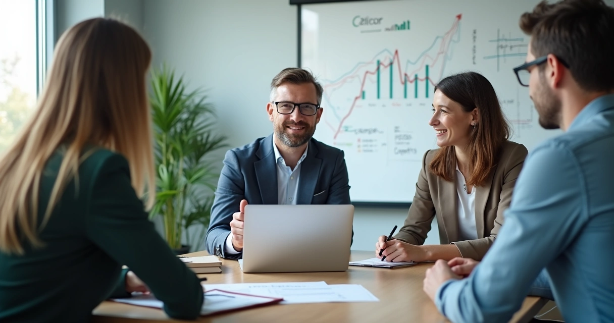 Reunião de empresários com consultor de growth analisando métricas B2B 