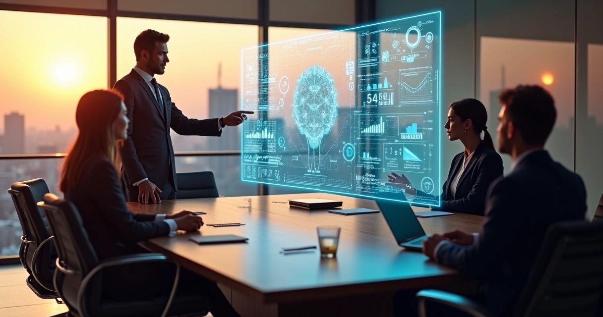 Líder executivo e consultor de IA analisando painel digital estratégico em sala de reunião moderna 