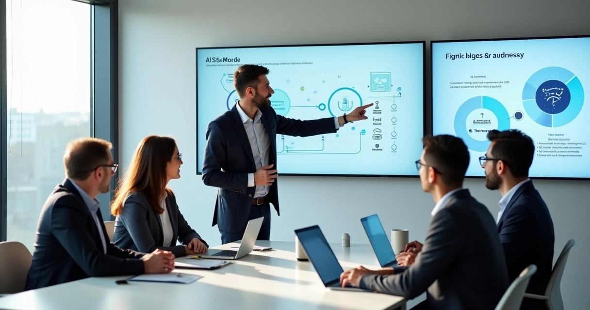 Reunião de consultoria em inteligência artificial com discussão entre gestores e especialistas 